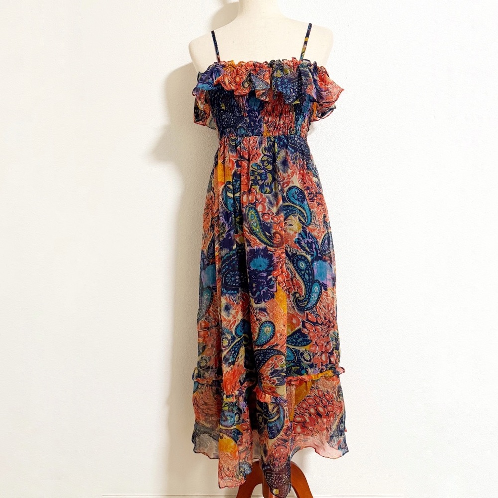Indian Tropical Fashion Floral Flounced Smocked Tie Back Midi Dress